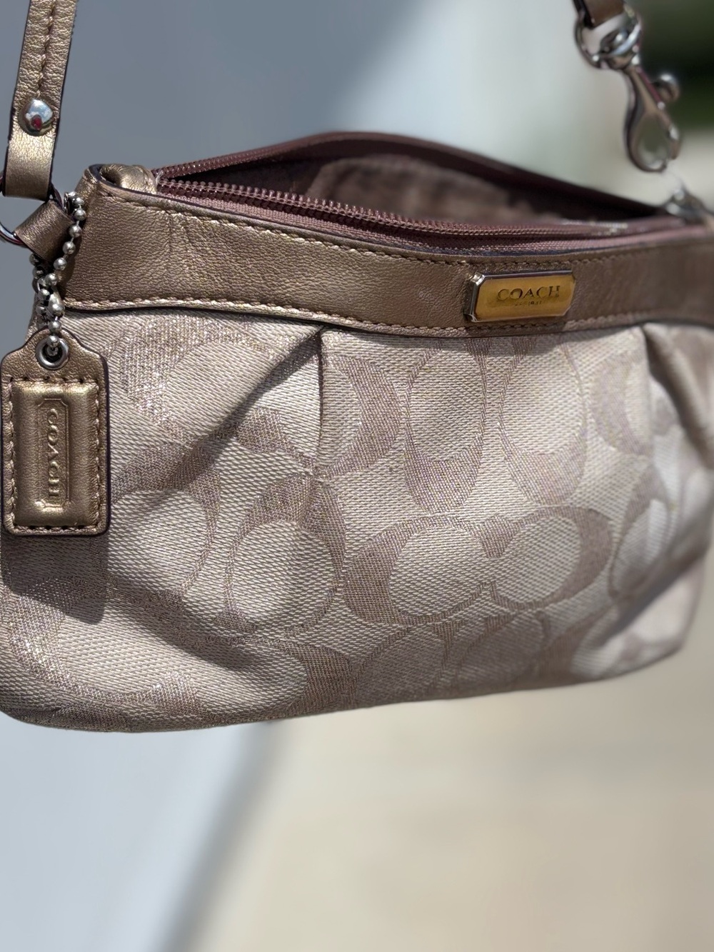 Coach Gold Signature Wristlet Small Metallic Canvas Zip Pouch